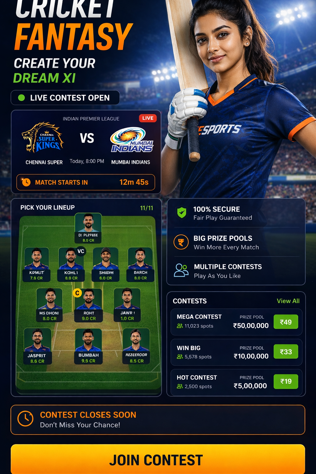 Come Play 11 cricket matchday visual