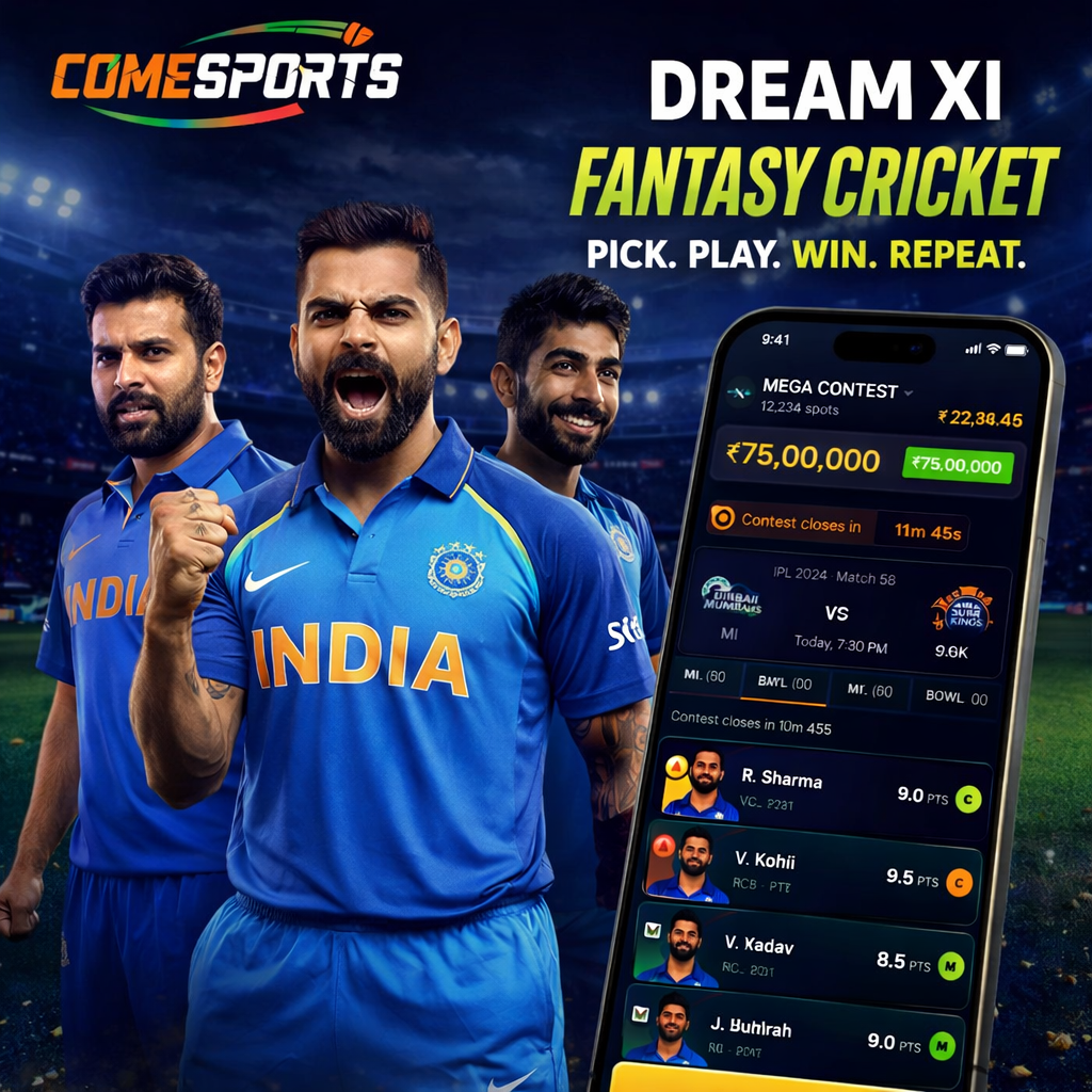 Come Play 11 fantasy cricket and India team visual