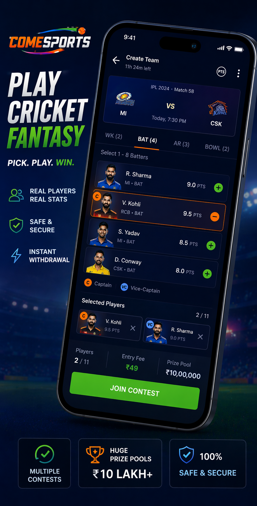Come Play 11 cricket fantasy visual